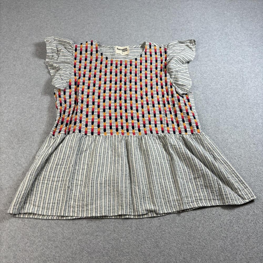 Savanna Jane Shirt Womens 1X Gray Stripe Embroidered Flutter Tunic Peplum Boho